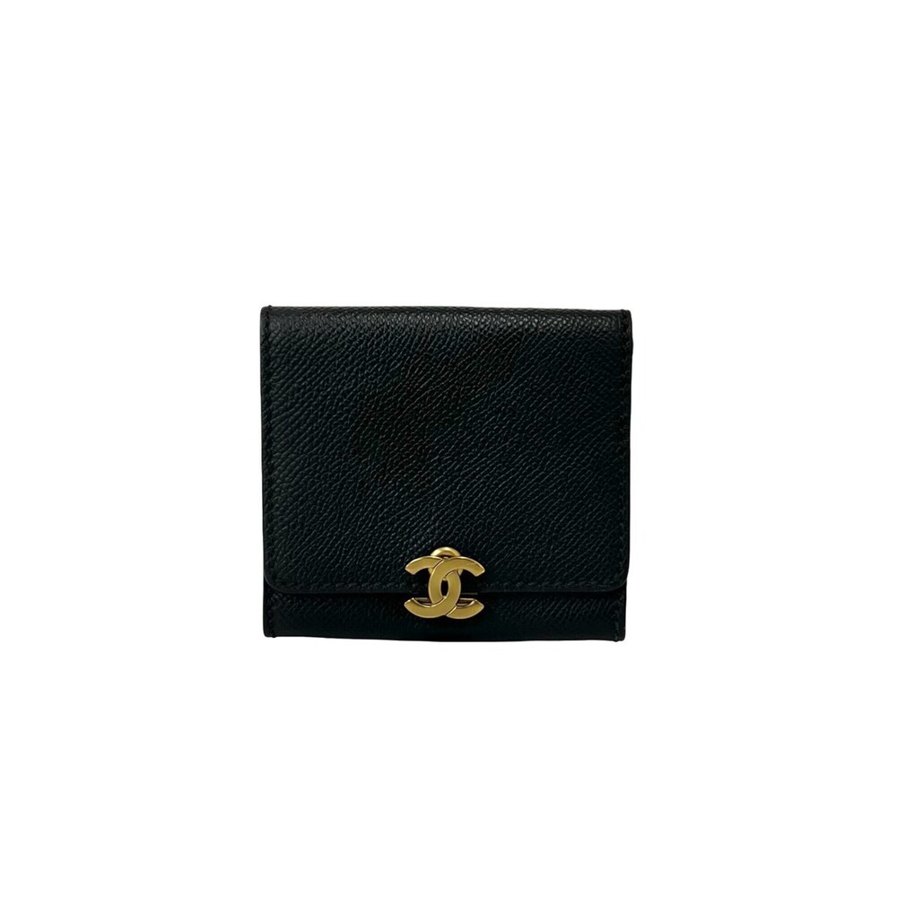 CHANEL Vintage Coco Mark Leather Wallet/Coin Purse Mini Wallet Black 16575